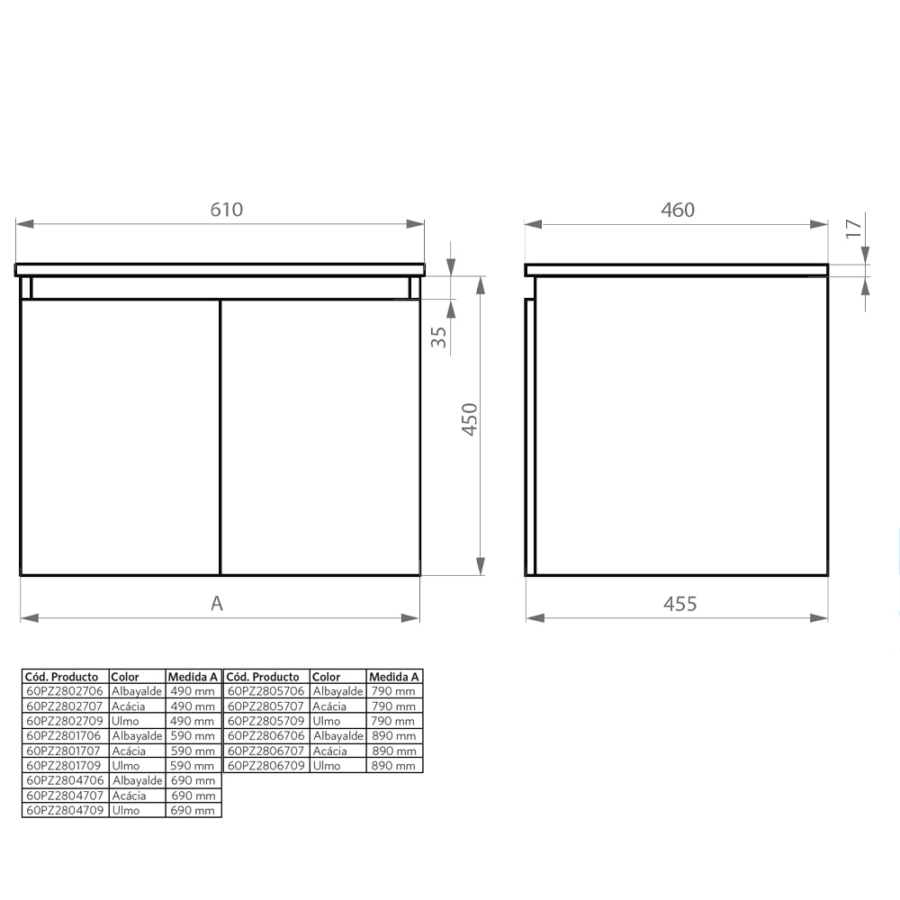 Mueble Vanitorio Amélie Acácia + Cubierta 90x46x45 cm