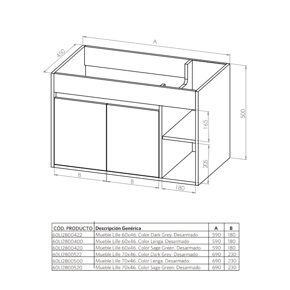 Mueble Vanitorio Lille Sage Green + Cubierta 70x46x50 cm
