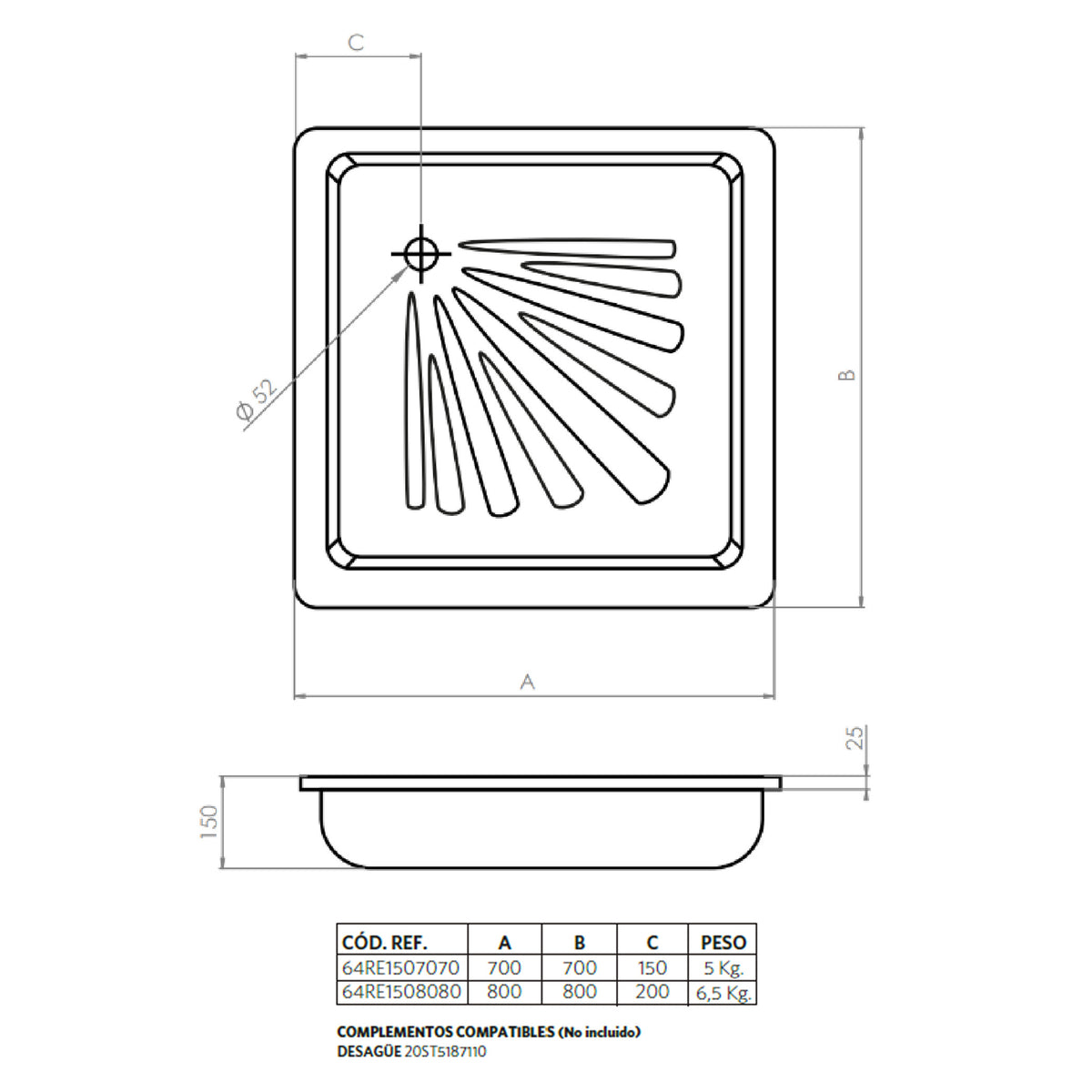 Receptáculo de Acero Esmaltado 70x70x15 cm Atenas Con Desagüe