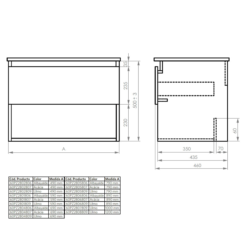 Mueble Vanitorio Zoé Ulmo + Cubierta 90x46x50 cm