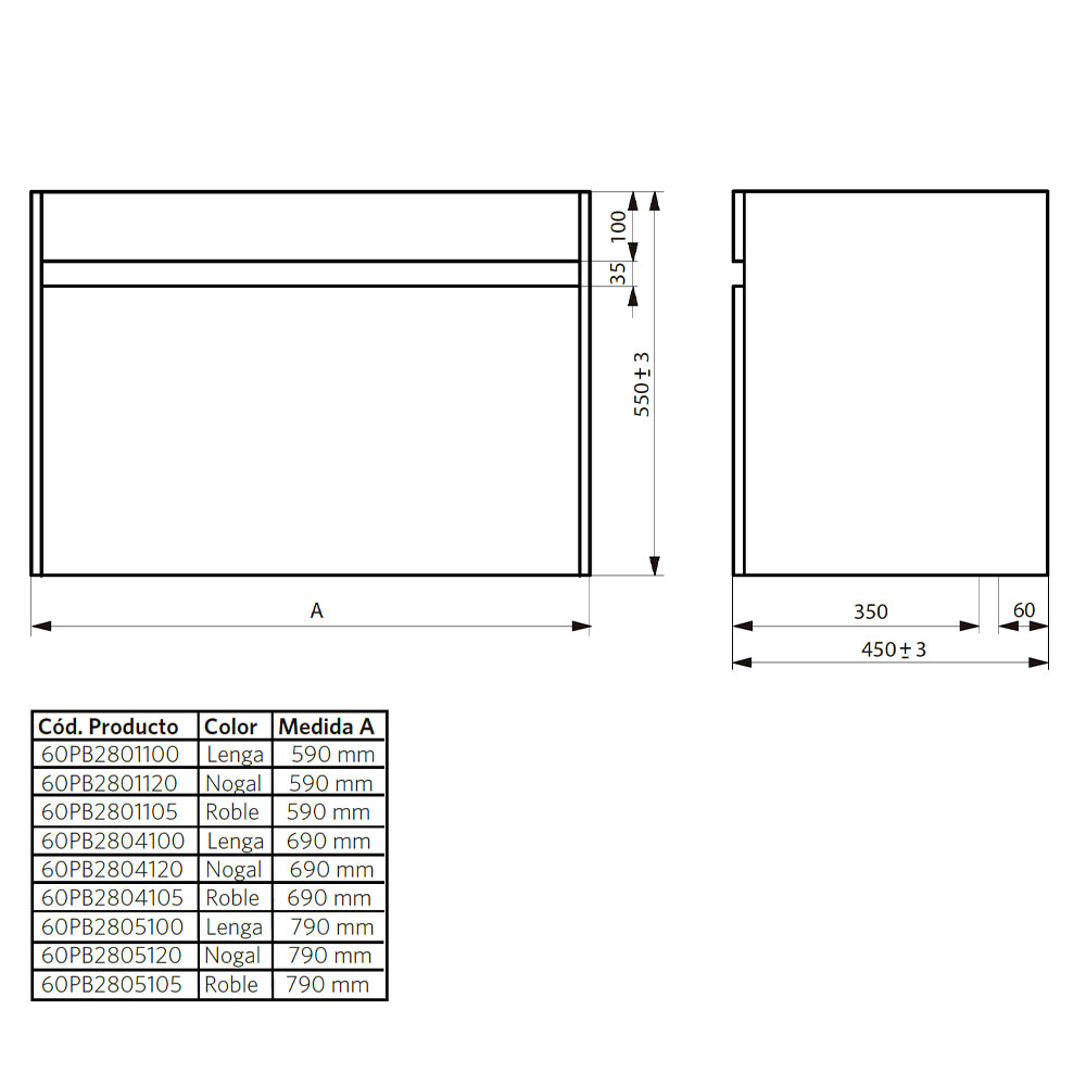 Mueble Vanitorio Renee Lenga + Cubierta 60x46x50 cm