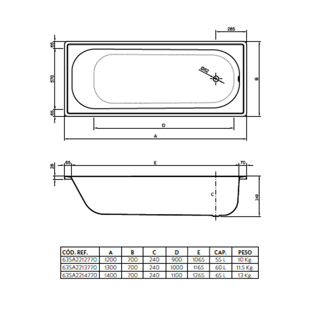 Tina Acero Antideslizante Atenas 70x24cm (1.3mm)