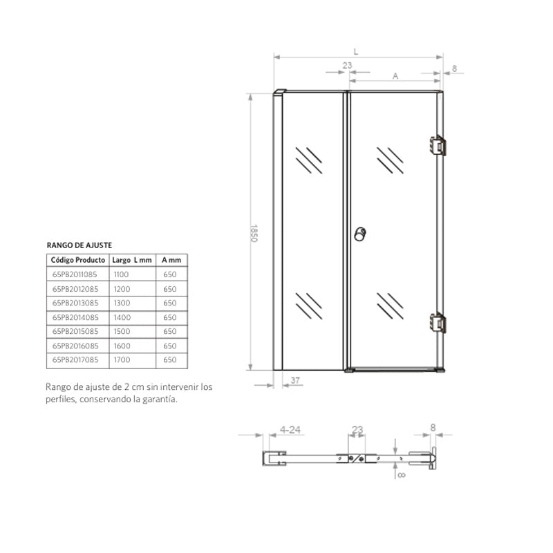 Mampara Abatible 150x185 cm Vidrio 8 mm Perfil Cromado