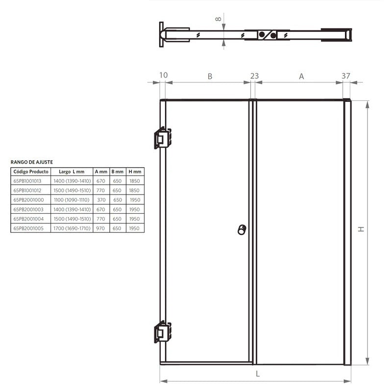 Mampara Abatible 150x185 cm Vidrio 8 mm Perfil Cromado