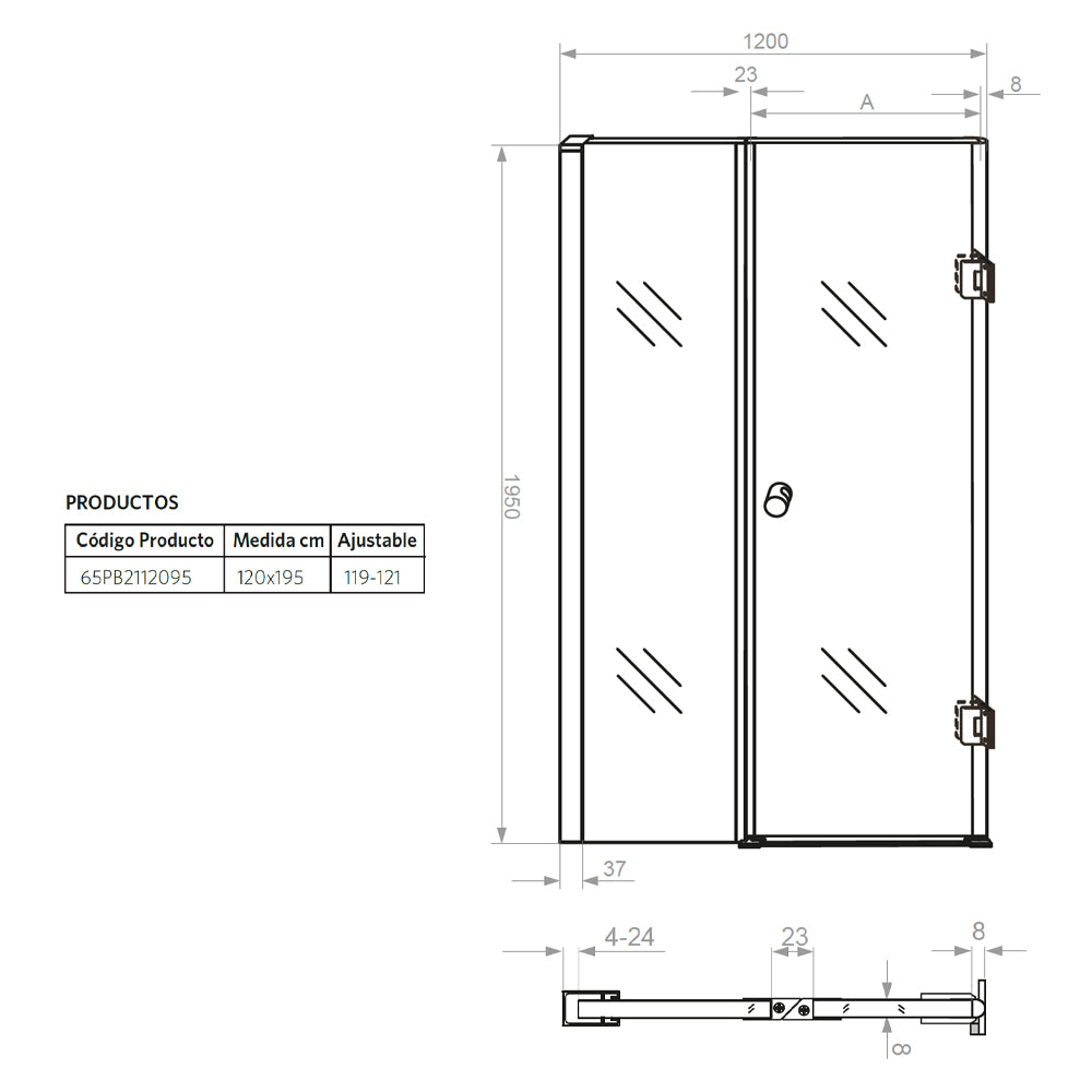 Mampara Abatible 120x195 cm Perfil Inox Satinado