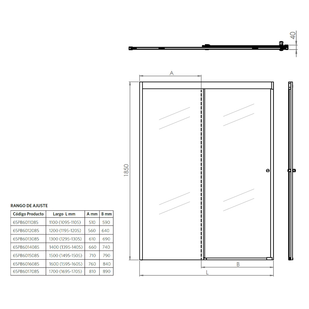 Mampara Corredera Hera 140x185 cm Ajustable ±1 cm Cromado