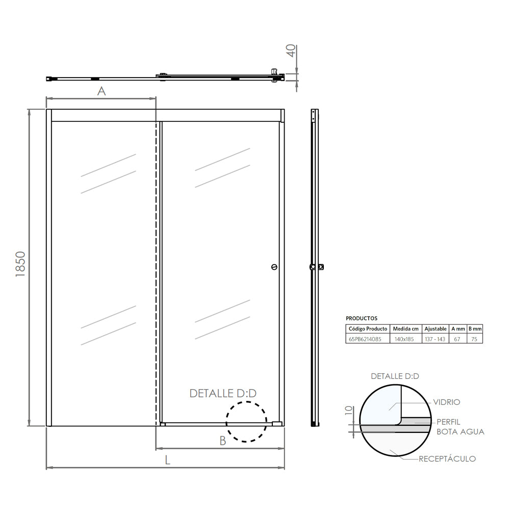 Mampara Corredera 140x185 cm Ajustable ±3 cm Cromado