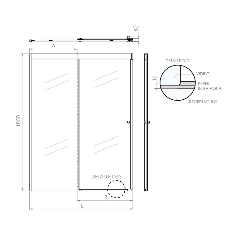 Mampara Corredera 185x160 cm Ajustable ±3 cm Cromado