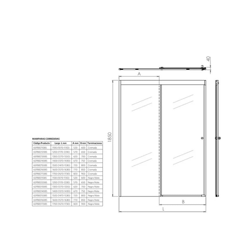 Mampara Corredera 185x160 cm Ajustable ±3 cm Cromado