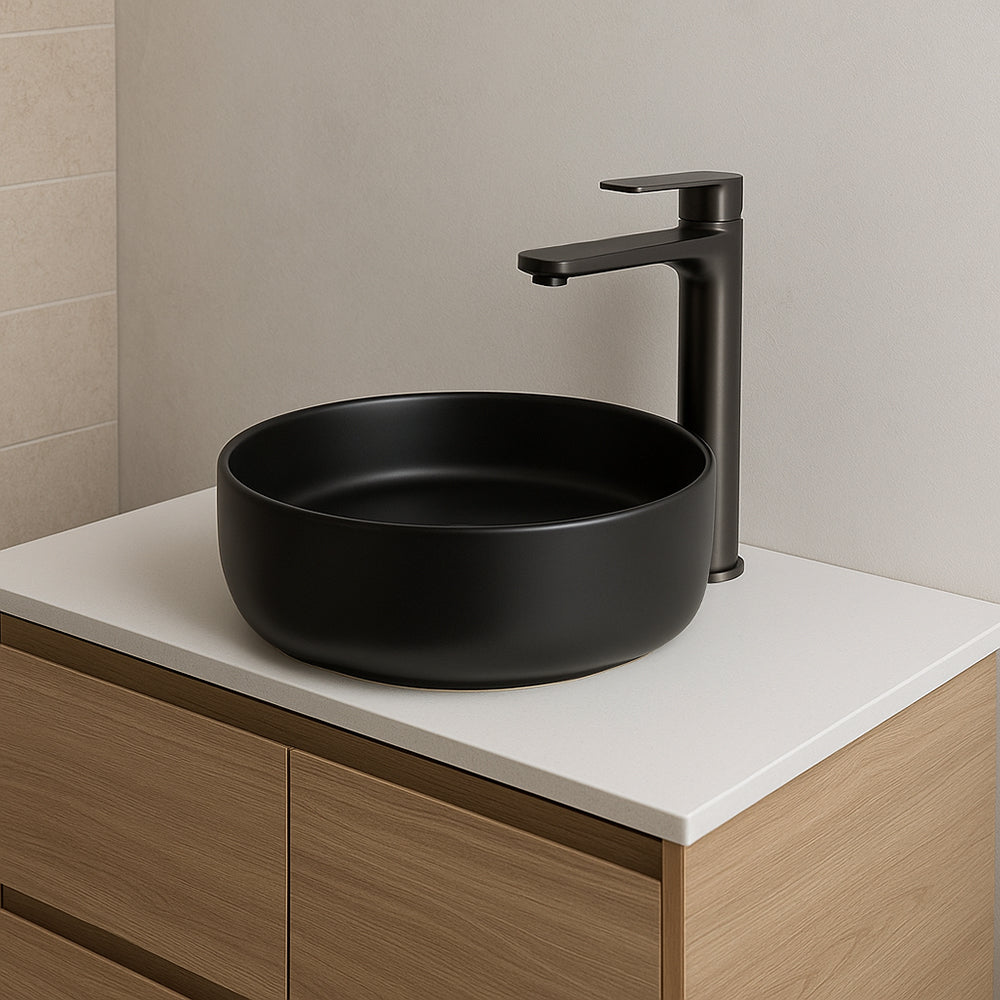 Pack Baño Baena | Vanitorio Sobre Cubierta 36cm + Grifería Alta Negro Mate